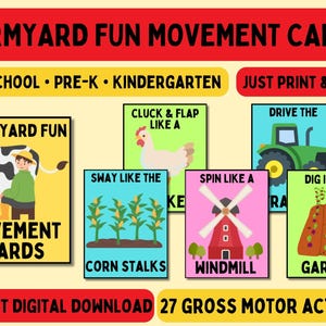 May include: A set of colorful "Farmyard Fun Movement Cards" for preschool, pre-K, and kindergarten. Each card features farm-themed illustrations and instructions for gross motor actions, including "Cluck & Flap Like A" and "Drive the Tractor". The cards are an instant digital download.