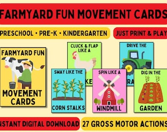 Tarjetas de movimiento de animales de granja / Actividades para niños en edad preescolar (Descargar PDF)