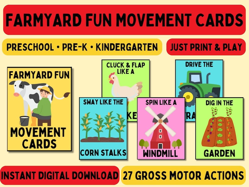 May include: A set of colorful "Farmyard Fun Movement Cards" for preschool, pre-K, and kindergarten. Each card features farm-themed illustrations and instructions for gross motor actions, including "Cluck & Flap Like A" and "Drive the Tractor". The cards are an instant digital download.