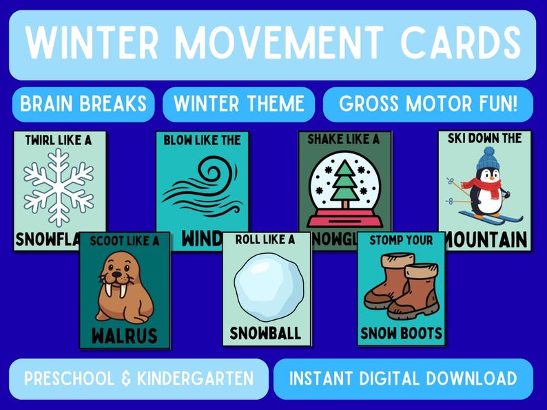 Winter Movement Cards | 24 Card Pack | Preschool Gross Motor Activity Printable image 1