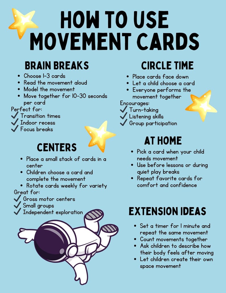 May include: A light blue educational poster titled "How to Use Movement Cards" with text instructions for brain breaks, circle time, centers, at home, and extension ideas. Includes a cartoon astronaut and yellow star graphics.