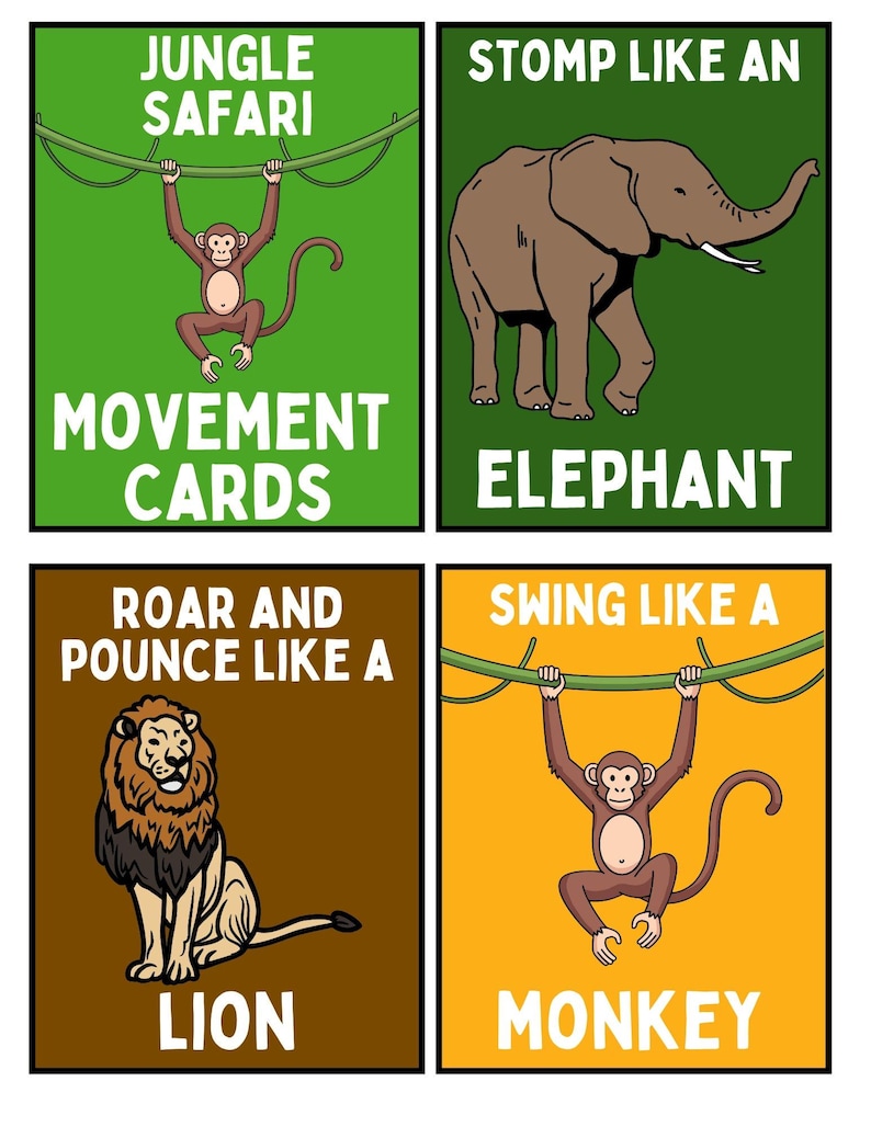 Puede incluir: Cuatro tarjetas coloridas con ilustraciones de animales de la selva. Las tarjetas presentan un mono, un elefante, un le&oacute;n y un mono con el texto "Jungle Safari", "Movement Cards", "Stomp Like An Elephant", "Roar and Pounce Like a Lion" y "Swing Like a Monkey".