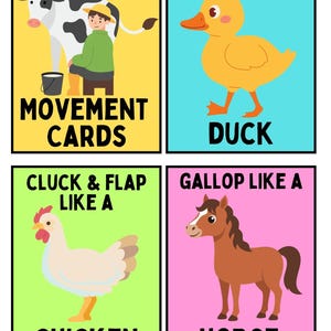 May include: Four colorful cards with farm animal illustrations. The cards feature a cow and farmer, a duck, a chicken, and a horse. Each card has text describing a movement associated with the animal, such as "Waddle like a Duck."