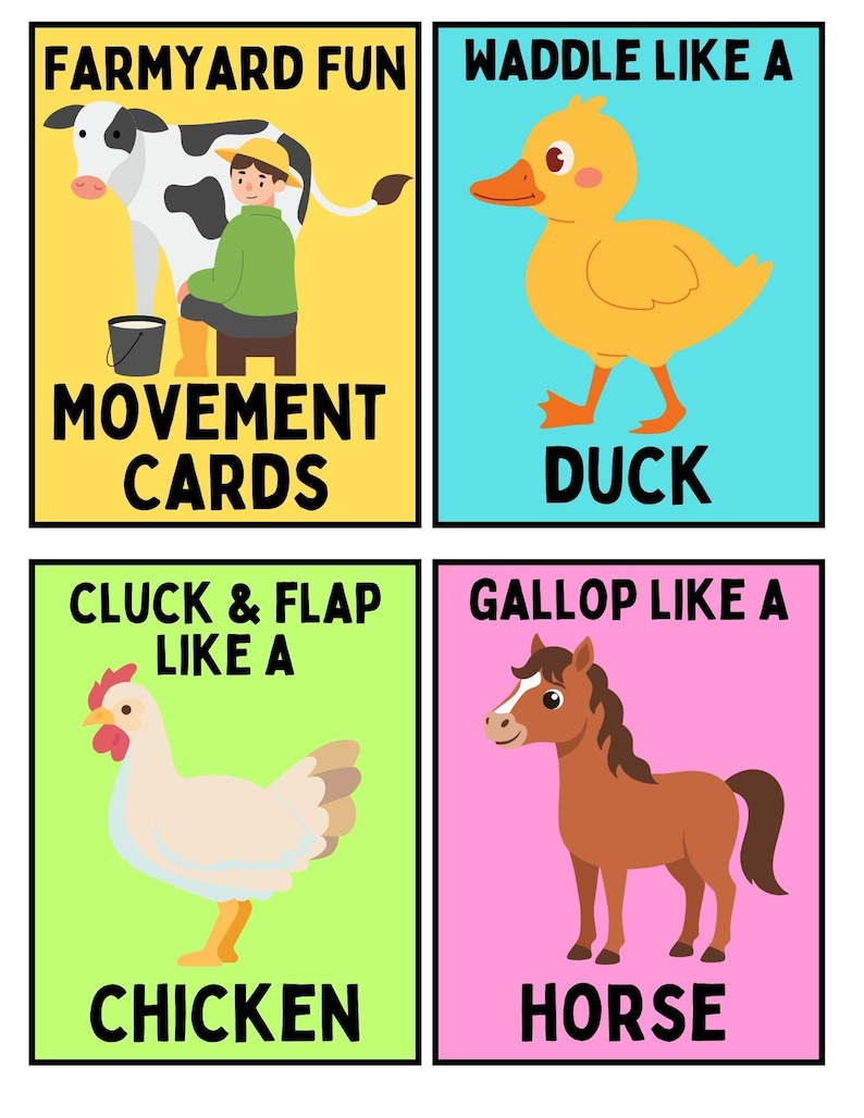May include: Four colorful cards with farm animal illustrations. The cards feature a cow and farmer, a duck, a chicken, and a horse. Each card has text describing a movement associated with the animal, such as "Waddle like a Duck."