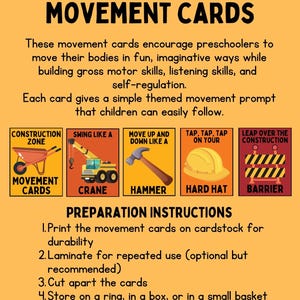 May include: Construction Zone Movement Cards on an orange background. The cards feature illustrations of construction equipment and prompts like "Swing Like a Crane" and "Tap, Tap, Tap on Your Hard Hat." Instructions are also included.