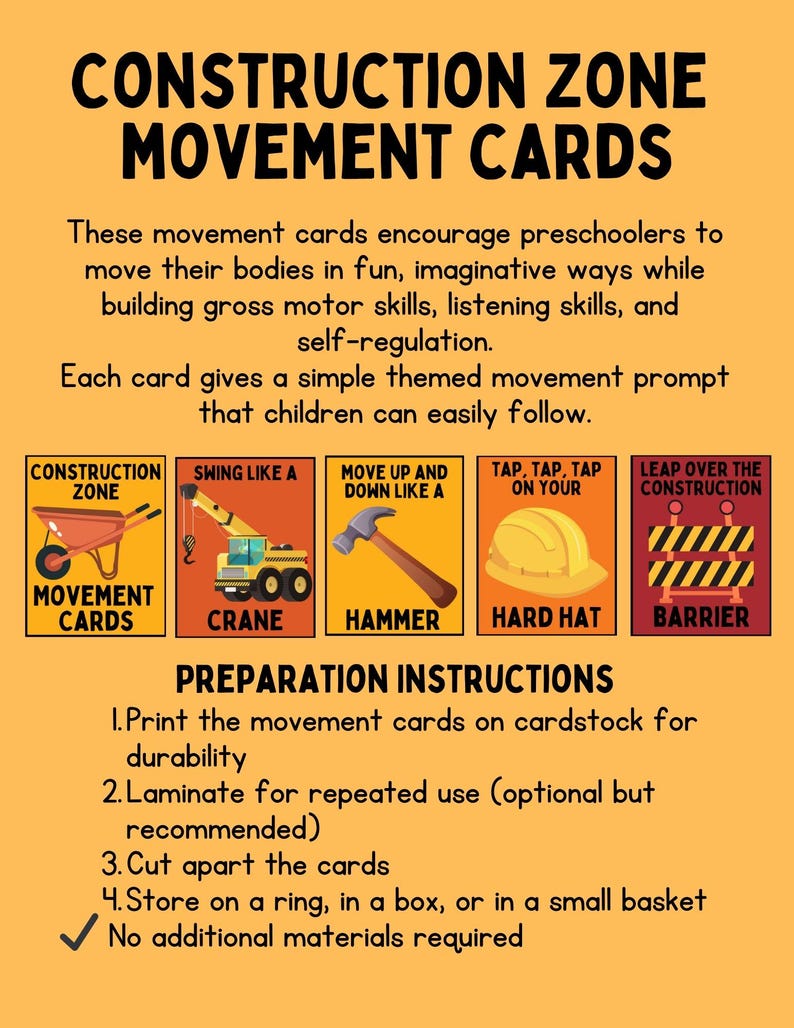May include: Construction Zone Movement Cards on an orange background. The cards feature illustrations of construction equipment and prompts like "Swing Like a Crane" and "Tap, Tap, Tap on Your Hard Hat." Instructions are also included.