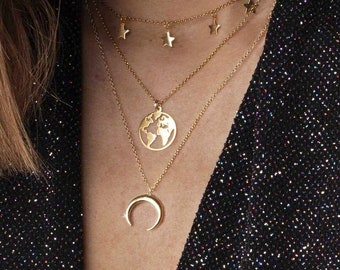 Crescent Earth Sun Star Moon Phases Luna Astronomy Space Sky Jewellery Gift Box Gold Half Moon Stainless Steel Pendant Charm Necklace Men