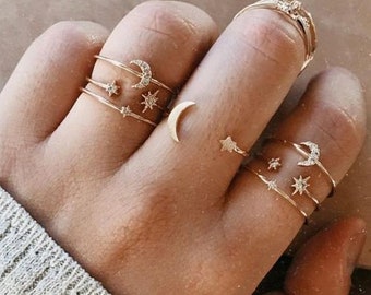 Moon and Stars 7 piece gold rings, Crescent Moon and Star Gold Rings, Stacking Rings