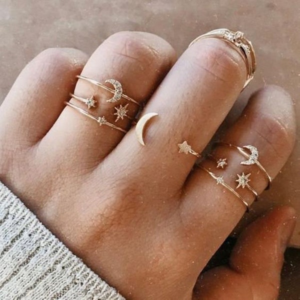 Moon and Stars 7 piece gold rings, Crescent Moon and Star Gold Rings, Stacking Rings