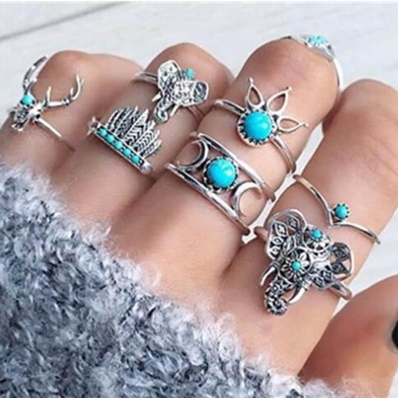 Stackable Silver and Turquoise Rings Boho Style Turquoise Rings Elephant Turquoise Rings Feathers Turquoise Animal Stackable Rings