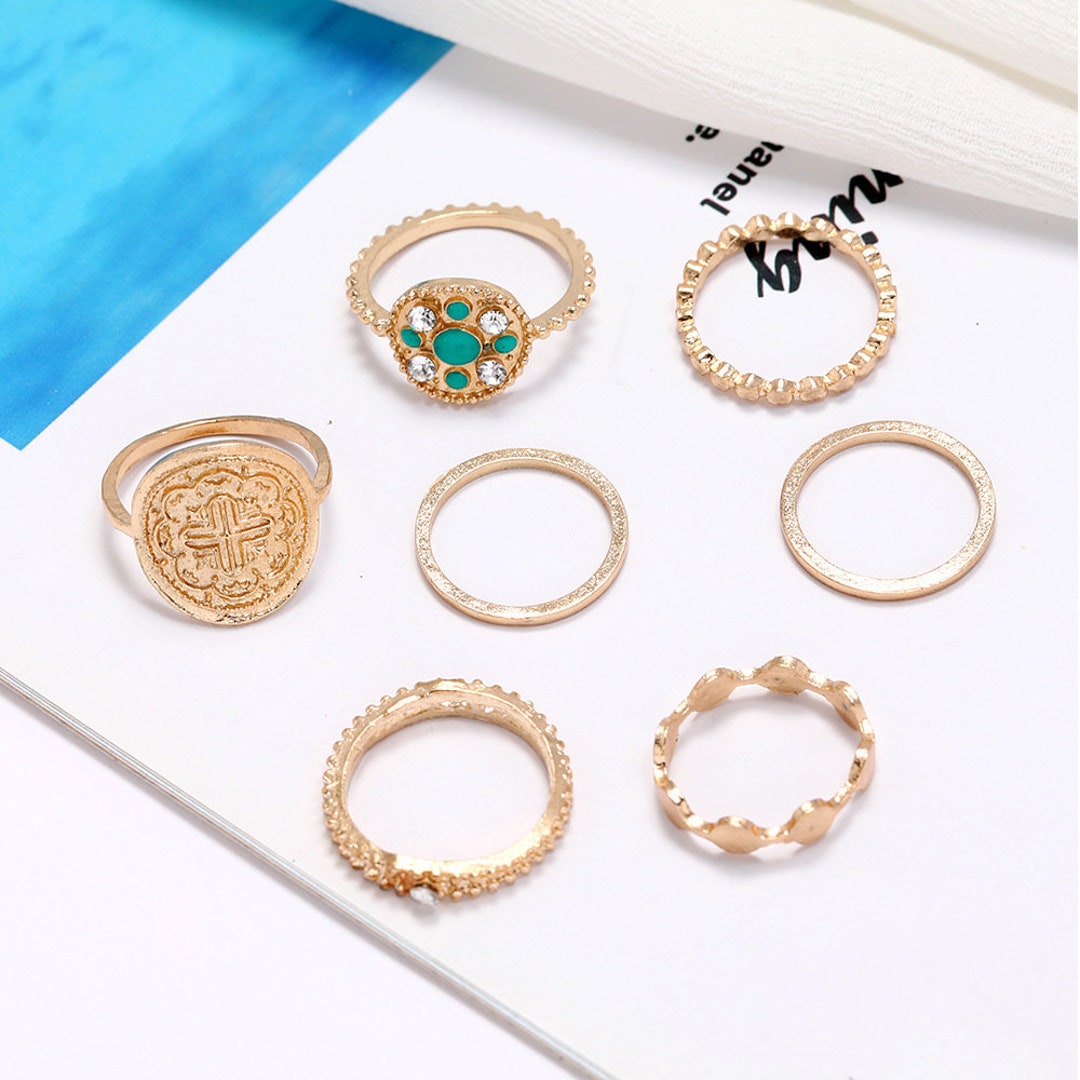 Retro Gold Stacking Rings. Green Gem Ring Coin Rings. - Etsy