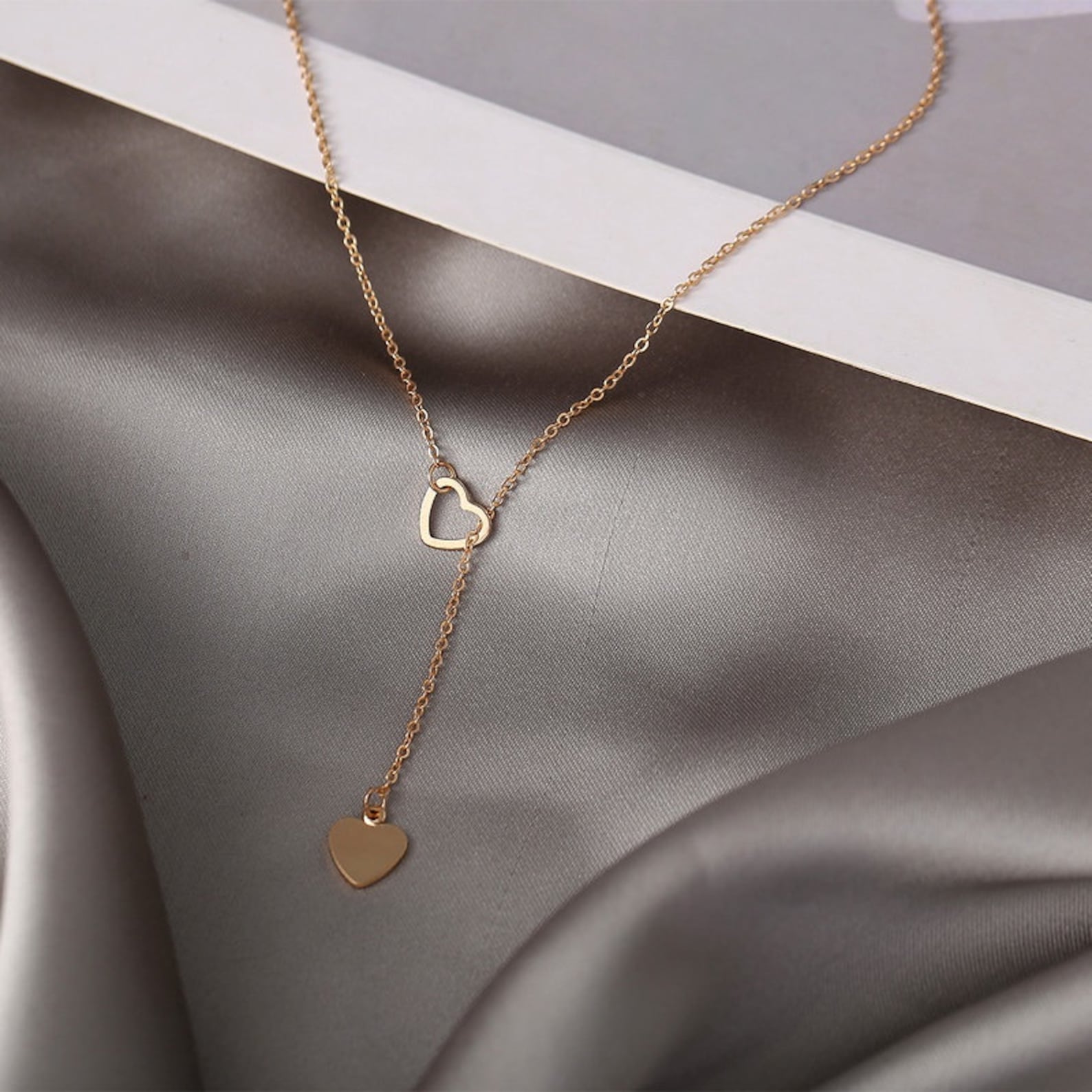 Gold Heart Drop Necklace Dainty Heart Necklace Minimalist Etsy UK