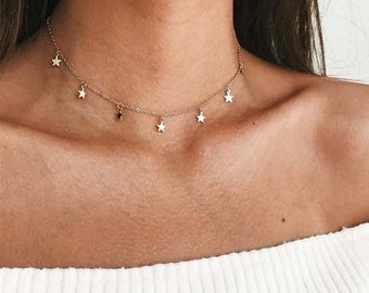 Dainty Star Choker Necklace, Minimalist Star Necklace, Gold and Silver Choker Length Necklace with Dainty Star Pendants