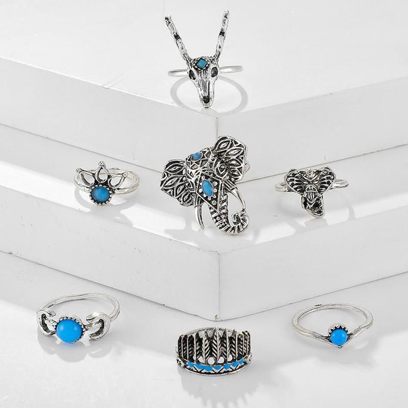 Stackable Silver and Turquoise Rings Boho Style Turquoise Rings Elephant Turquoise Rings Feathers Turquoise Animal Stackable Rings