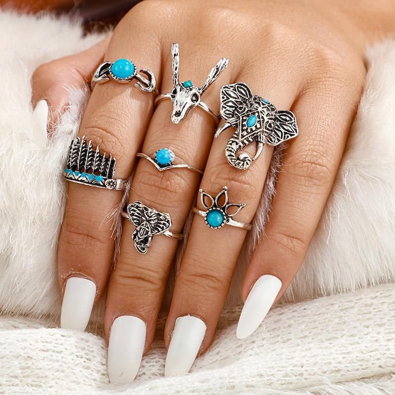 Stackable Silver and Turquoise Rings Boho Style Turquoise Rings Elephant Turquoise Rings Feathers Turquoise Animal Stackable Rings