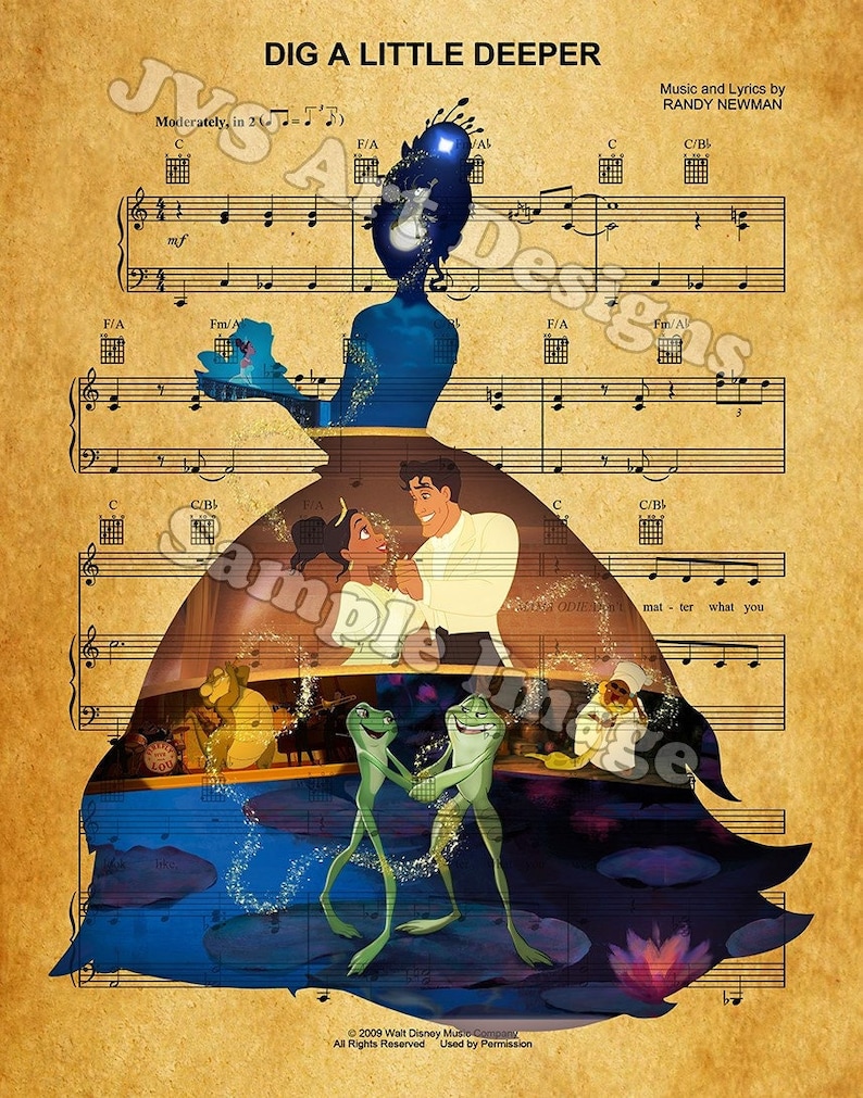 Music Silhouette Print, Tiana, Princess and the Frog, dig a Little Deeper, Music & Lyrics by