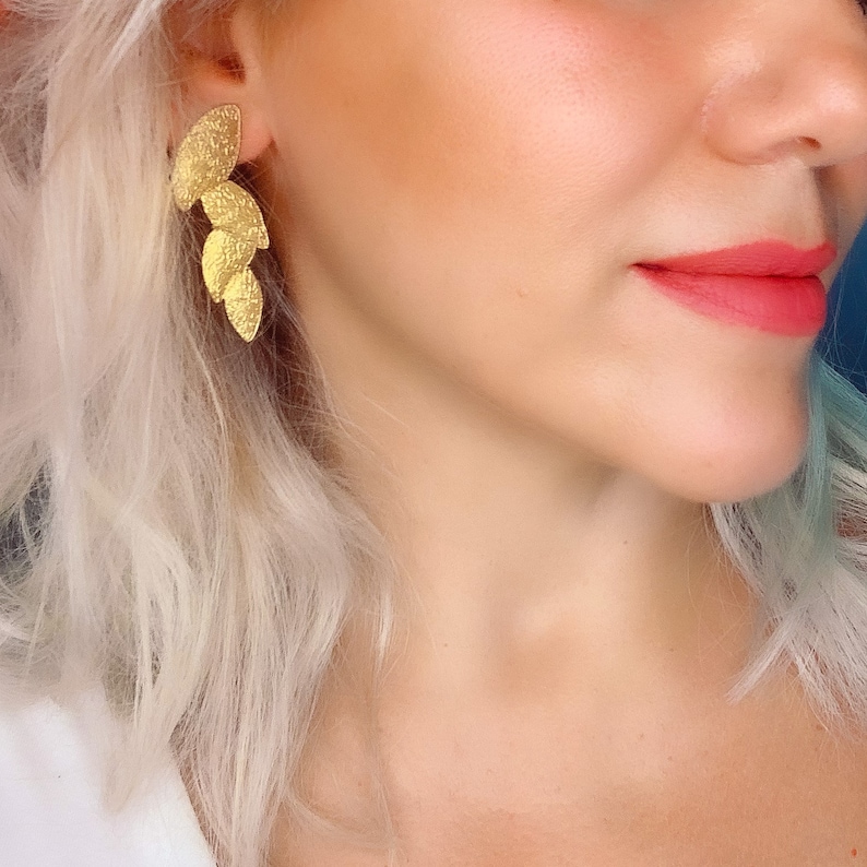 Gold Leaf Edgy Earrings Dangle Drop Leaf Jewellery Unique Bridal Gift Idea Chic and Inexpensive Gift Idea Women /& Girls