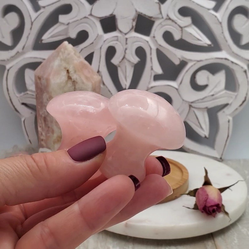 Hand Carved Rose Quartz Gua Sha Mushroom, Facial Massage Tool Enhances Circulation, Rejuvenates Skin, Self Care image 4