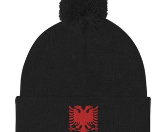 Albanian Eagle Embroidered Pom Beanie, Albanian Hat, Albanian Eagle, Albanian Apparel