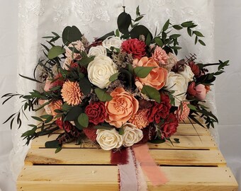 Sola Flower Wedding Bouquet, Wooden Bridal Bouquet, Crescent Bouquet, Red and Coral, Wedding  Party flowers, Artificial Bouquet