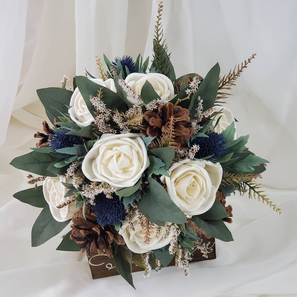 White Wedding Bouquet, Rustic Bridal Bouquet, Sola Wood Flowers, Keepsake Bouquet, Pinecones and White Roses, Wooden Bridal Bouquet