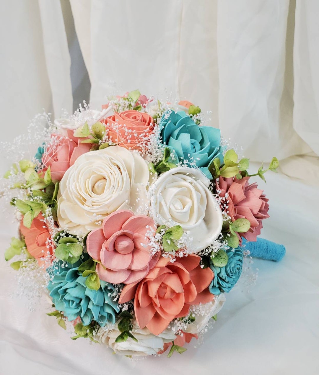 Bridal Bouquet, Wood Flower Bouquet, White Pink Coral and Teal Wedding