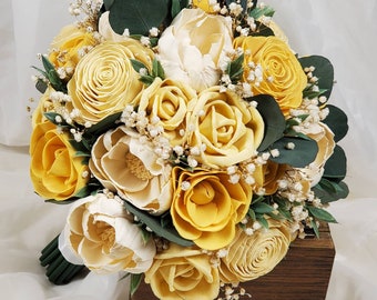 Bridal Bouquet, Wooden Flower Bouquet, Yellow and Ivory Wedding, Sola Wood Flowers, Wedding Centerpieces, Boutonnieres and Corsages