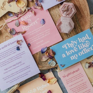 Modern boho wedding invitation suite. Featuring a retro font and muted brights, the Devon collection is the ultimate all-rounder. Includes a save the date, invitation, information card, gift list card and rsvp. On the day stationery also available.