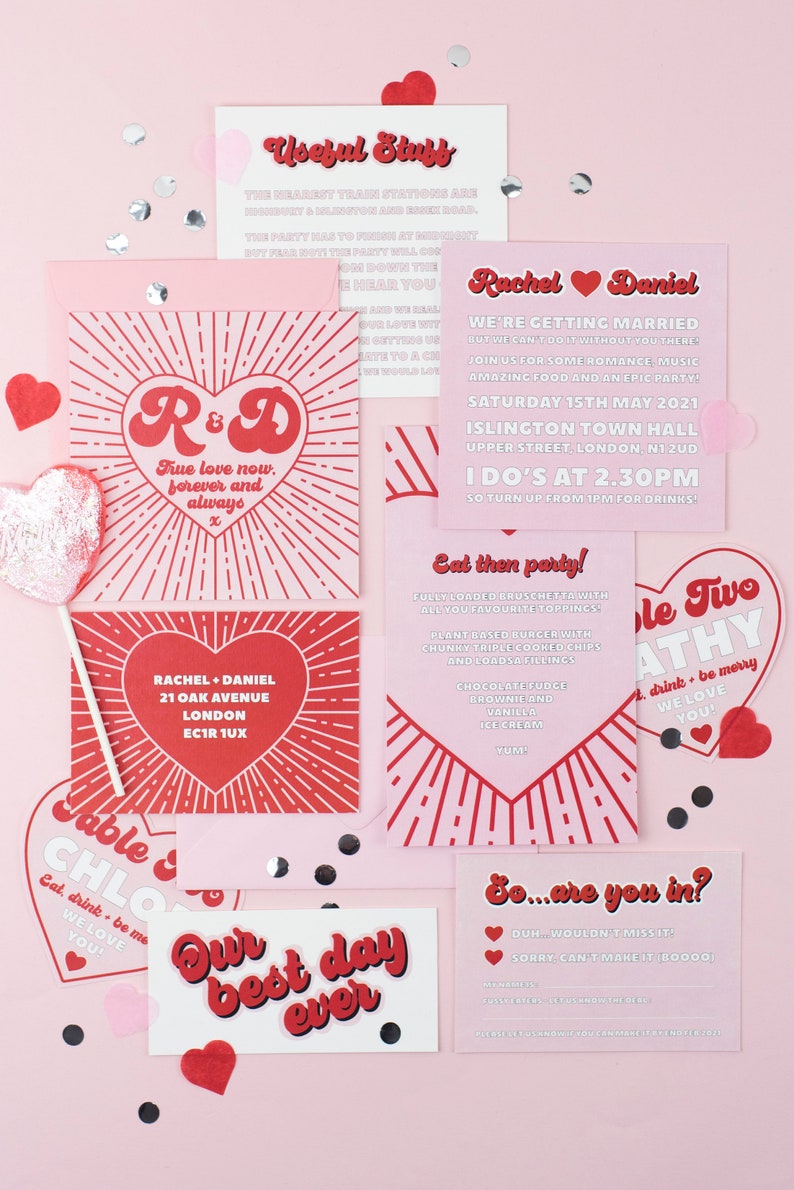 The ultimate red and pink wedding stationery! Featuring a bursting heart design, retro font and fun wording, this is the Malibu collection. Including a save the date, invitation, information card, rsvp and custom quote card.