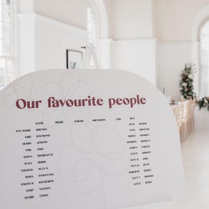 Modern boho wedding invitation suite. Featuring elegant curved shapes and a subtle floral design, this collection can be adapted to your colours.
Arch shape seating chart situated at a wedding breakfast.