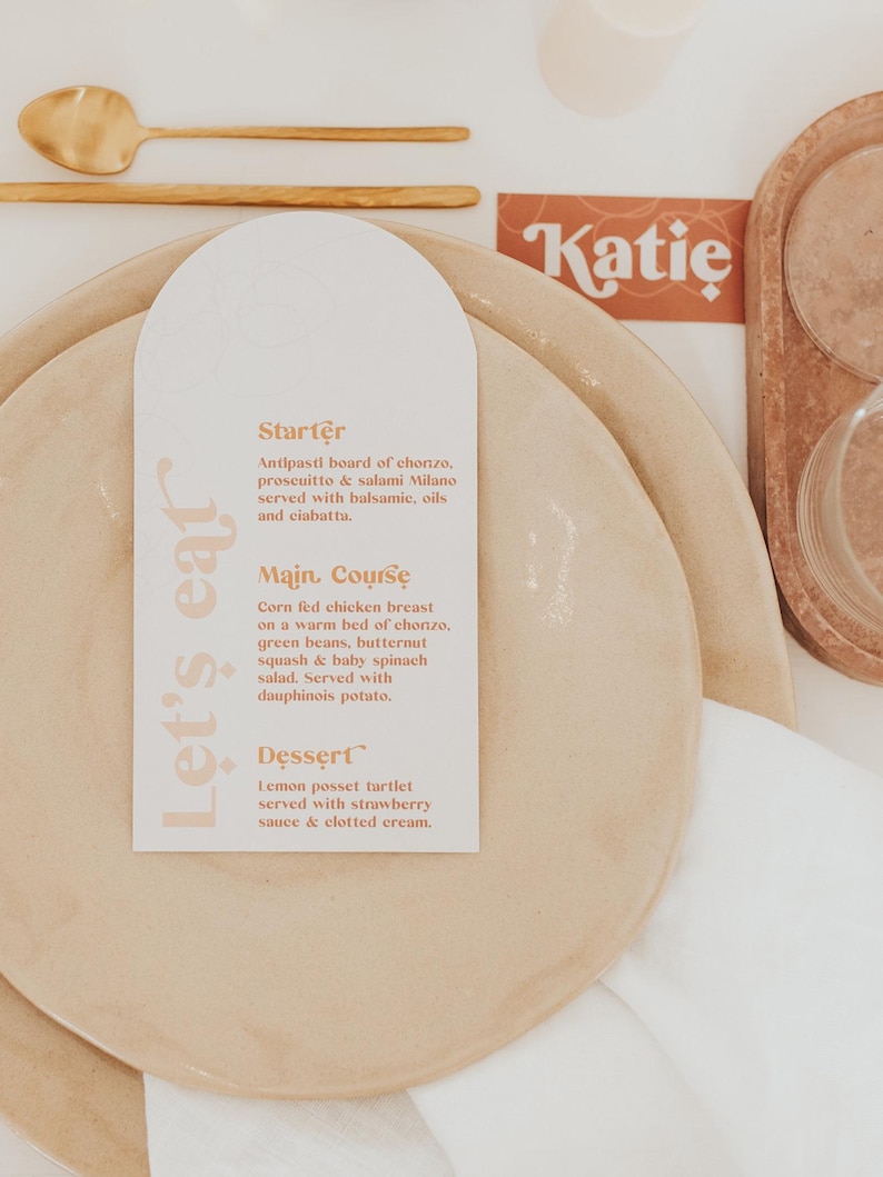 Modern boho wedding invitation suite. Featuring elegant curved shapes and a subtle floral design, this collection can be adapted to your colours. Slim, arch shape menu which can be customised with guest names. Place cards also available.