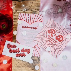 The ultimate red and pink wedding stationery! Featuring a bursting heart design, retro font and fun wording, this is the Malibu collection. Including a save the date, invitation, information card, rsvp and custom quote card.