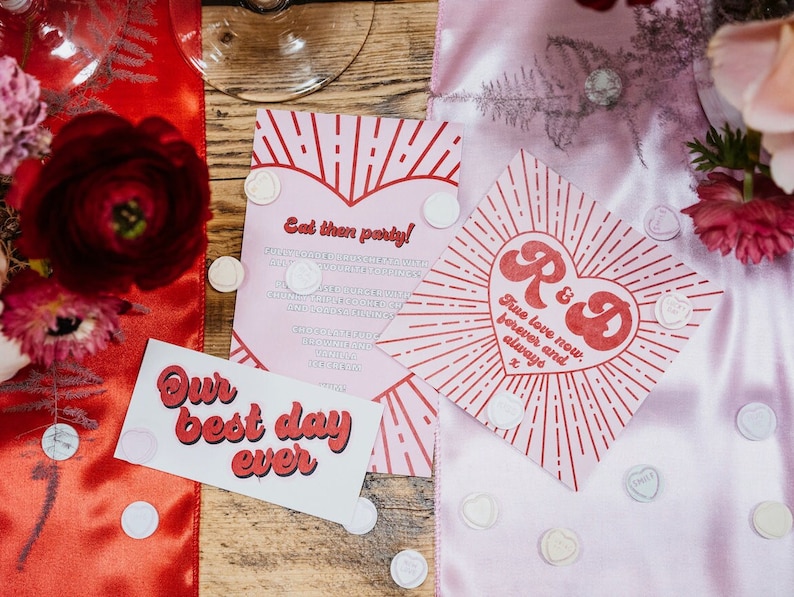 The ultimate red and pink wedding stationery! Featuring a bursting heart design, retro font and fun wording, this is the Malibu collection. Including a save the date, invitation, information card, rsvp and custom quote card.