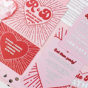 The ultimate red and pink wedding stationery! Featuring a bursting heart design, retro font and fun wording, this is the Malibu collection. Including a save the date, invitation, information card, rsvp and custom quote card.