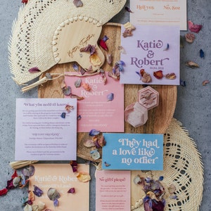 Modern boho wedding invitation suite. Featuring a retro font and muted brights, the Devon collection is the ultimate all-rounder. Includes a save the date, invitation, information card, gift list card and rsvp. On the day stationery also available.