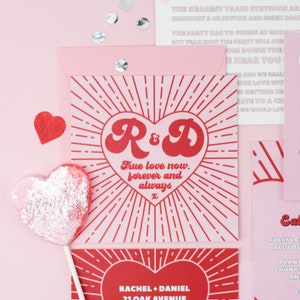 The ultimate red and pink wedding stationery! Featuring a bursting heart design, retro font and fun wording, this is the Malibu collection. Including a save the date, invitation, information card, rsvp and custom quote card.