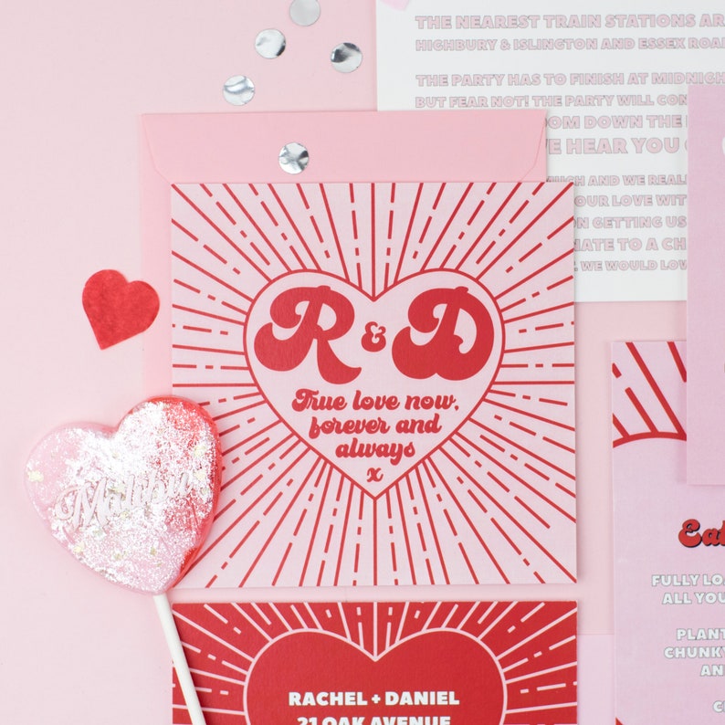 The ultimate red and pink wedding stationery! Featuring a bursting heart design, retro font and fun wording, this is the Malibu collection. Including a save the date, invitation, information card, rsvp and custom quote card.