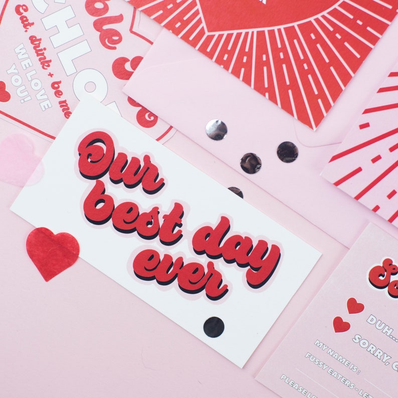 The ultimate red and pink wedding stationery! Featuring a bursting heart design, retro font and fun wording, this is the Malibu collection. Including a save the date, invitation, information card, rsvp and custom quote card.