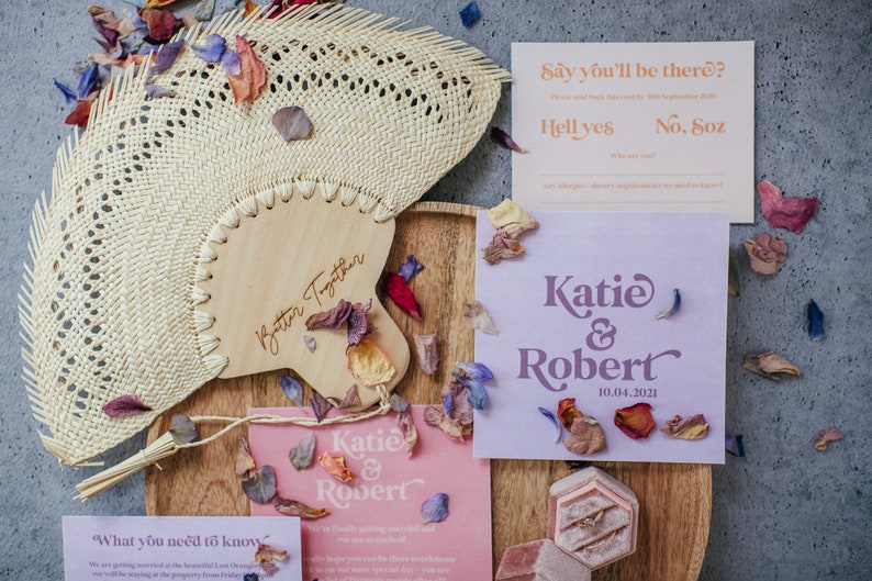 Modern boho wedding invitation suite. Featuring a retro font and muted brights, the Devon collection is the ultimate all-rounder. Includes a save the date, invitation, information card, gift list card and rsvp. On the day stationery also available.