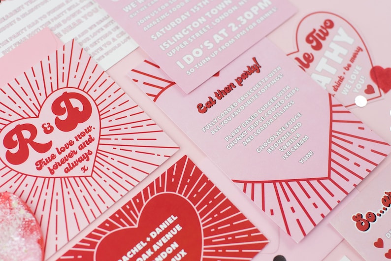 The ultimate red and pink wedding stationery! Featuring a bursting heart design, retro font and fun wording, this is the Malibu collection. Including a save the date, invitation, information card, rsvp and custom quote card.