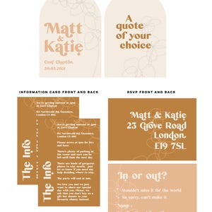 May include: A wedding invitation suite with a brown and cream color scheme. The invitation features a floral design and the text "Matt & Katie" in a bold, orange font. The RSVP card features the couple's names, address, and the text "In or out?" in a bold, orange font.