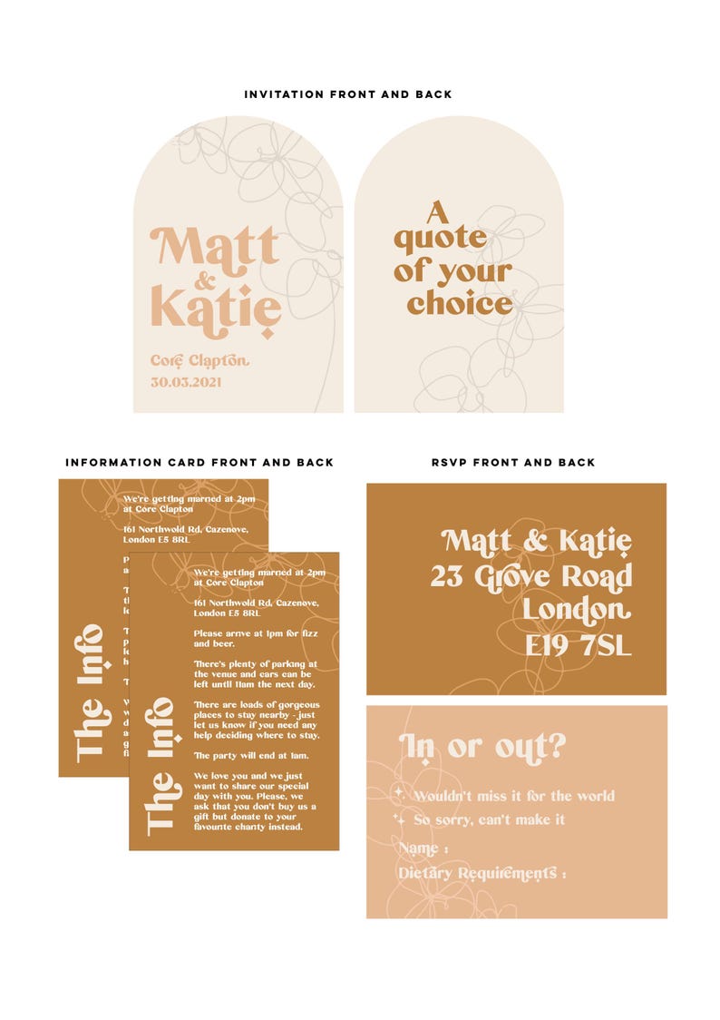 May include: A wedding invitation suite with a brown and cream color scheme. The invitation features a floral design and the text "Matt & Katie" in a bold, orange font. The RSVP card features the couple's names, address, and the text "In or out?" in a bold, orange font.