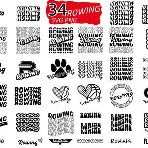 Könnte beinhalten: Sammlung von schwarz-weißen SVG- und PNG-Grafiken zum Thema "Rudern". Enthält verschiedene Textdesigns, einen Pfotenabdruck, ein Herz mit einer Rudergrafik und einen Basketball mit einer Rudergrafik.
