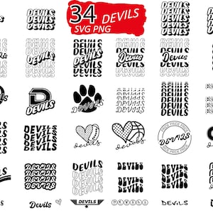 Op de afbeelding: Een verzameling van 34 zwart-witte SVG- en PNG-afbeeldingen met het thema "Devils". De ontwerpen omvatten verschillende tekststijlen, een pootafdruk, een hart, een basketbal en een cirkelvormig ontwerp met de tekst "Pride".