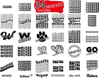 May include: A set of 34 black and white SVG files featuring various designs with the word "Wolves" in different styles and fonts. The designs include paw prints, hearts, and text in a variety of styles.