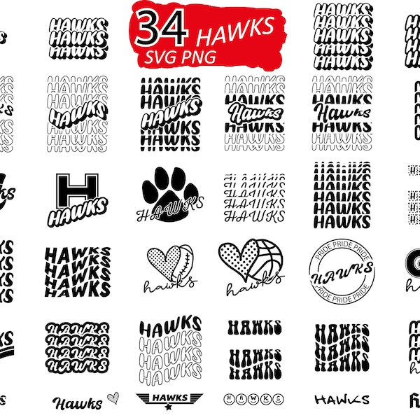 34 Bundle Hawks Svg, Mascot Svg, Basketball Svg, Instant Download, School Fonts, T-Shirts Sublimation Cricut, HTV