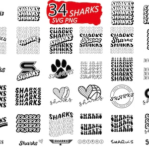 34 Bundle Sharks Svg, Mascot Svg, Basketball Svg, Cheerleader Png, Instant Download, School Fonts, T-Shirts Sublimation Cricut, HTV