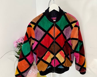 veste bomber en cuir vintage années 80 patchwork surdimensionné multicolore