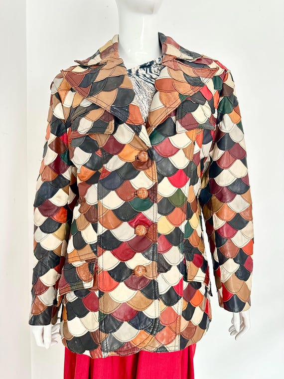 1970s Patchwork Leather Jacket • Fish Scale Desig… - image 7