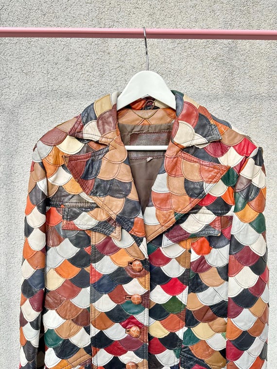 1970s Patchwork Leather Jacket • Fish Scale Desig… - image 3